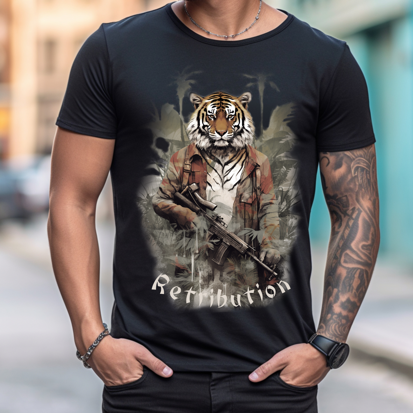 T Shirt:  Black/Army Green - Tiger Retribution